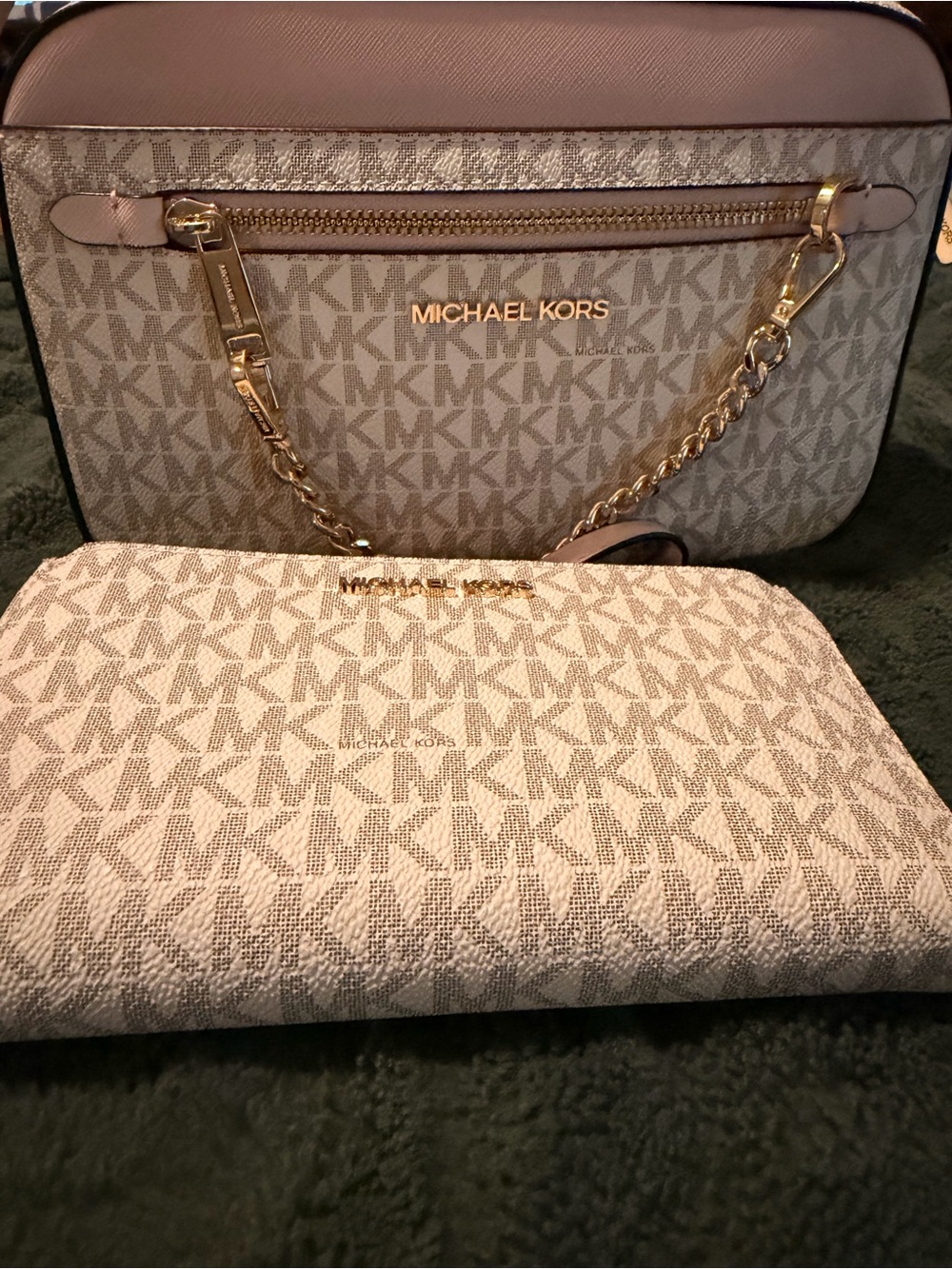 Michael Kors Beige Logo Shoulder Bag with Matching Wallet and Gold Hardware
